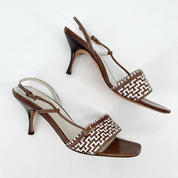 Vintage Prada Brown White Woven Leather Square Toe Slingback Heels IT 36.5 - Picture 3 of 12